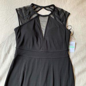 Long black formal dress with mesh, geometric detail